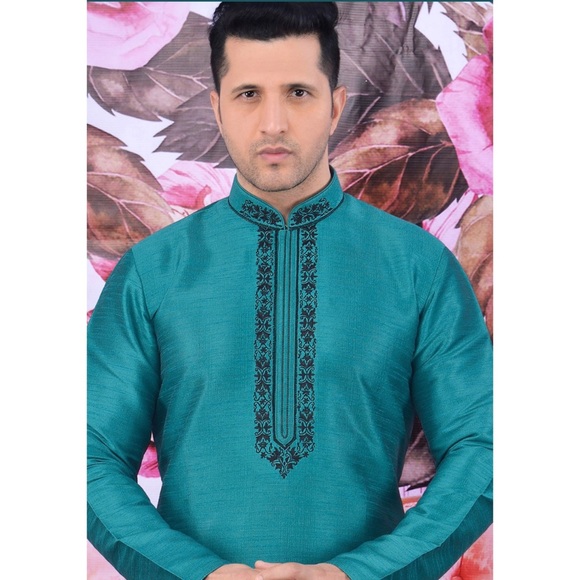 Blue Art silk Kurta with churidar / Punjabi pajama - Picture 2 of 4